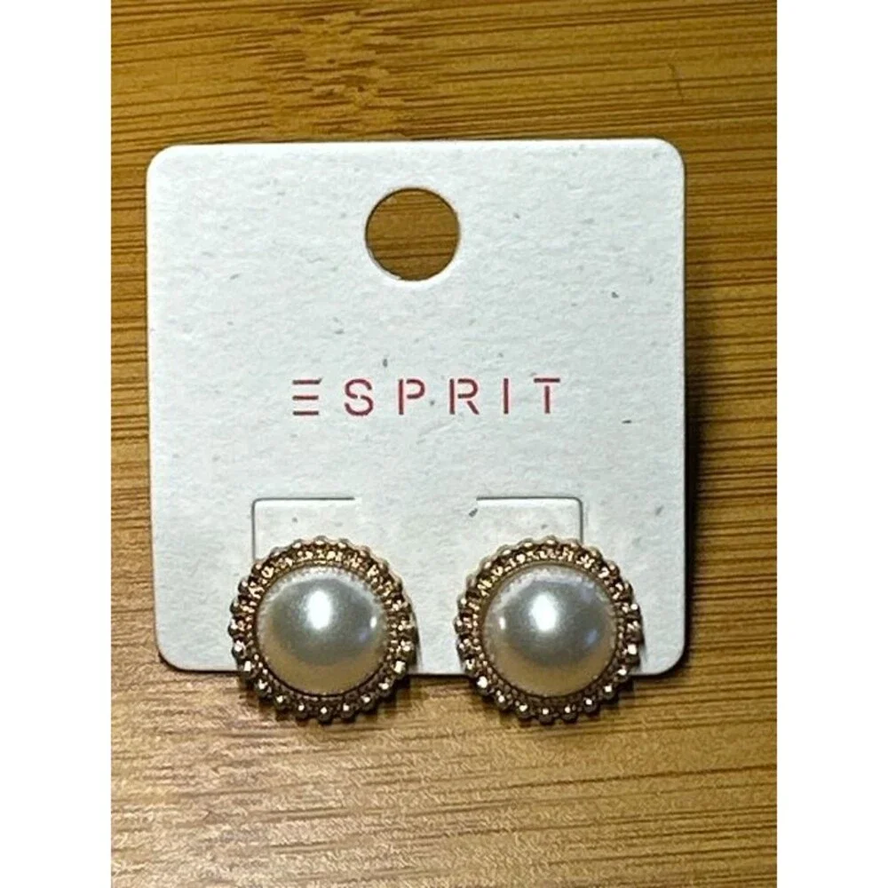ESPRIT Gold Tone Pearl Stud Earrings Beaded Border Bridal Classic Style New